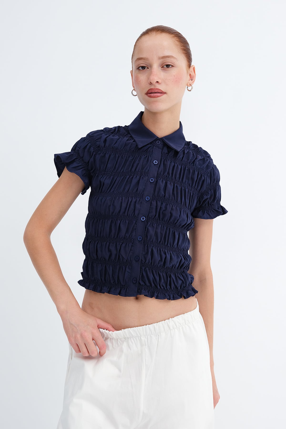 Dark-Night-Blue_Shirred-Detail-Short-Sleeve-Shirt-addax
