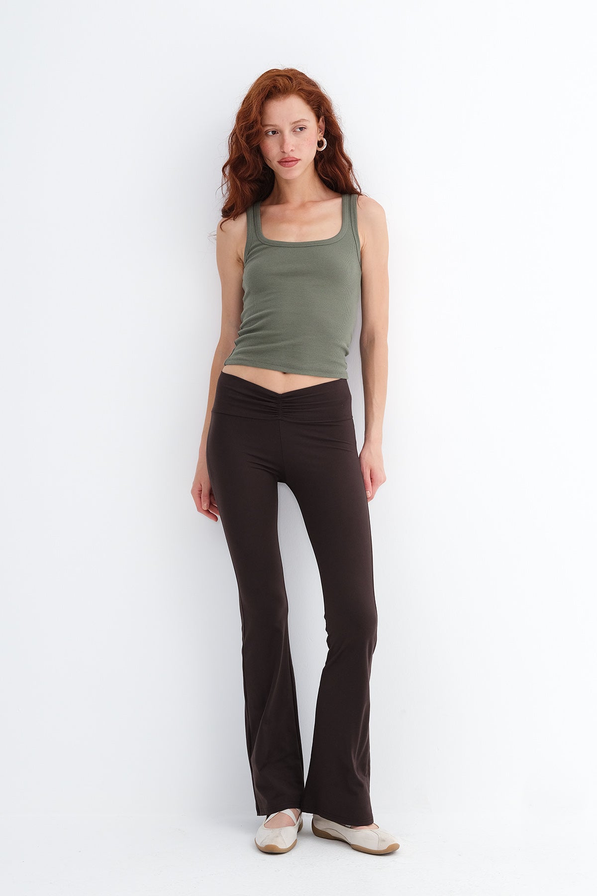 Bitter-Coffee_Ruched-Front-Flared-Leggings-addax