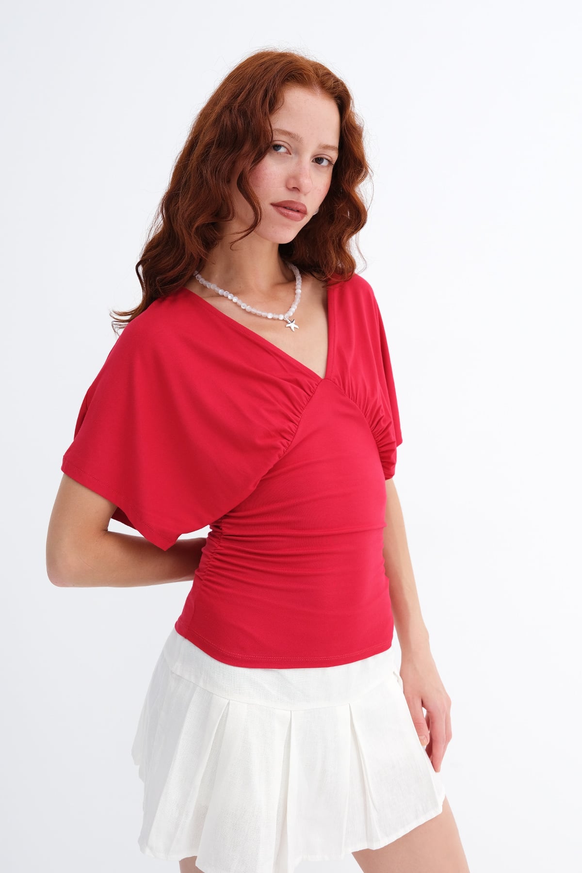 Bright-Red_V-Neck-Ruched-Blouse-addax