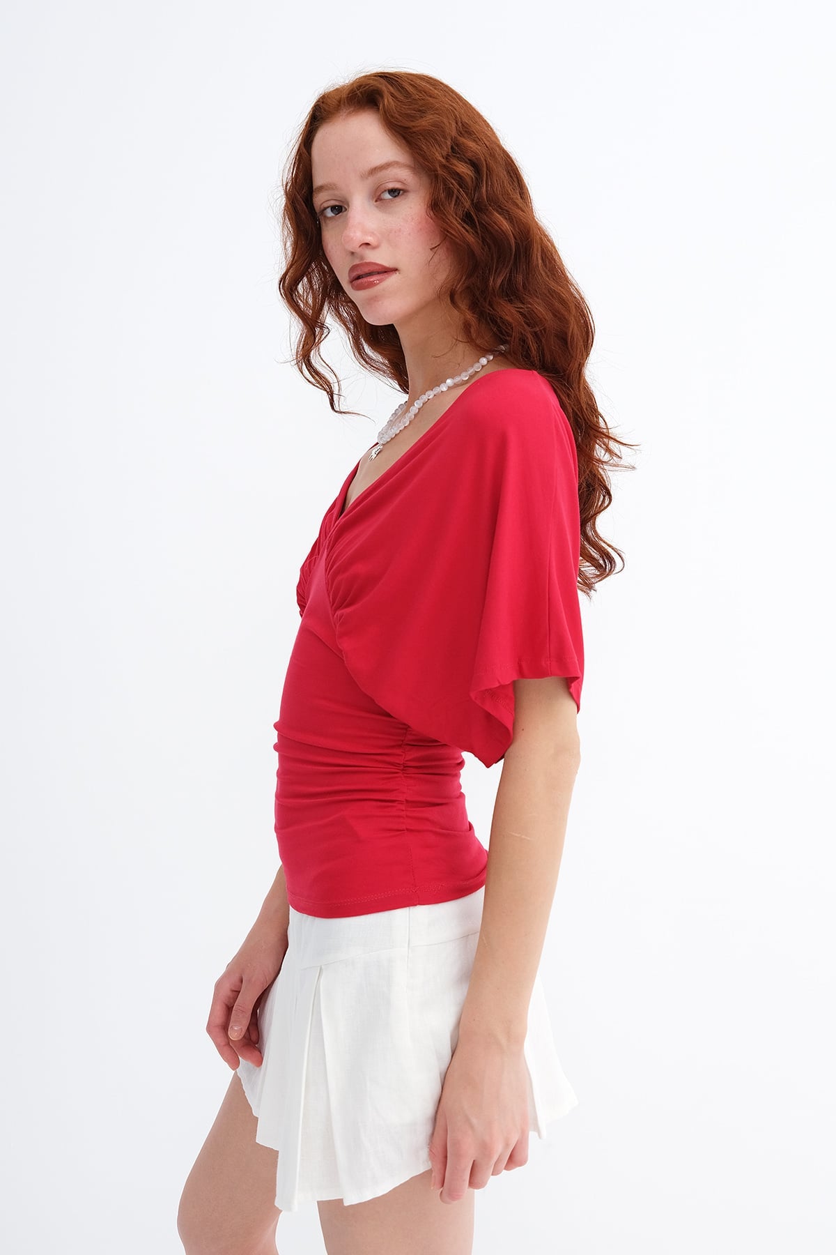 Bright-Red_V-Neck-Ruched-Blouse-addax