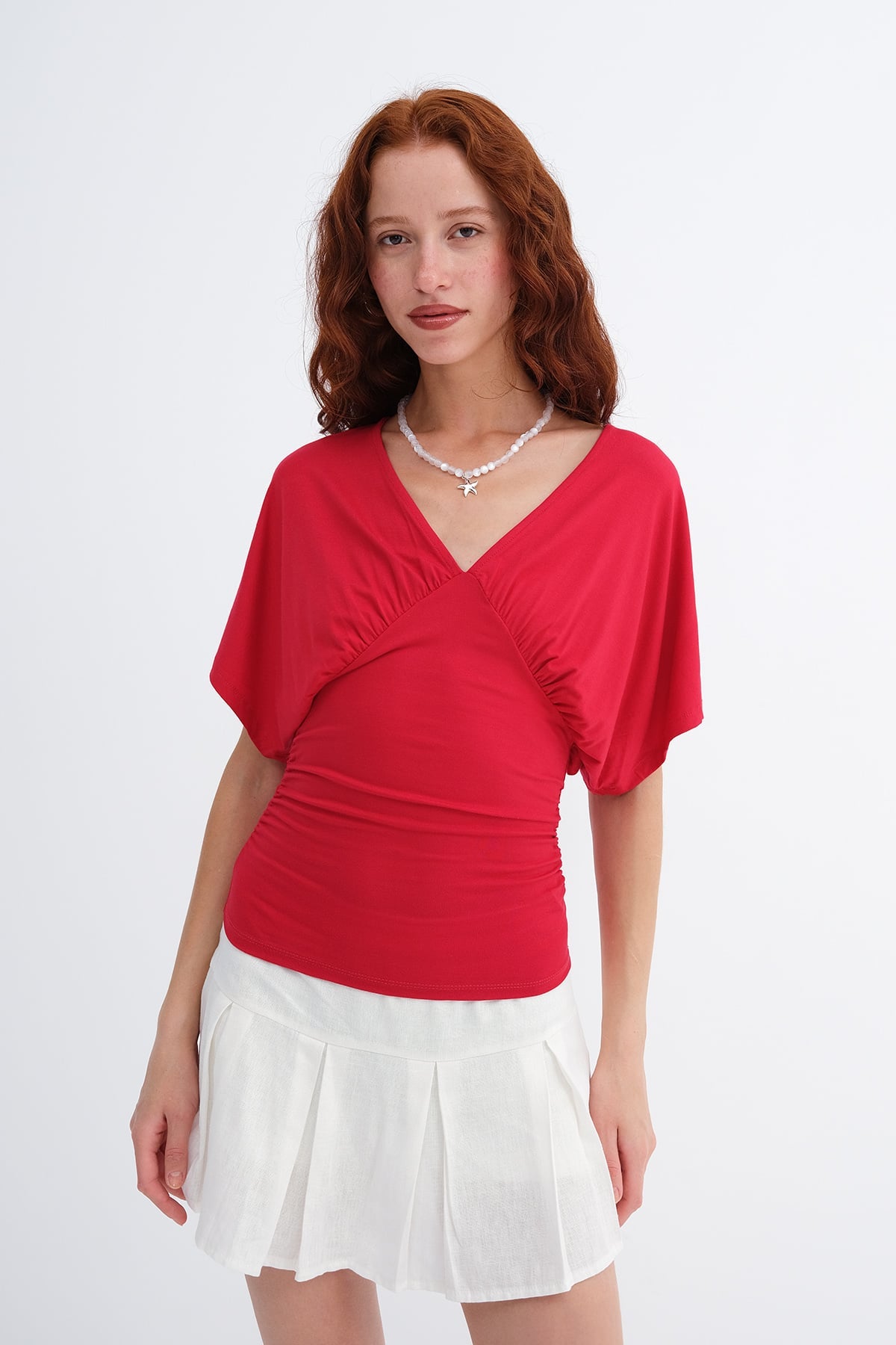 Bright-Red_V-Neck-Ruched-Blouse-addax
