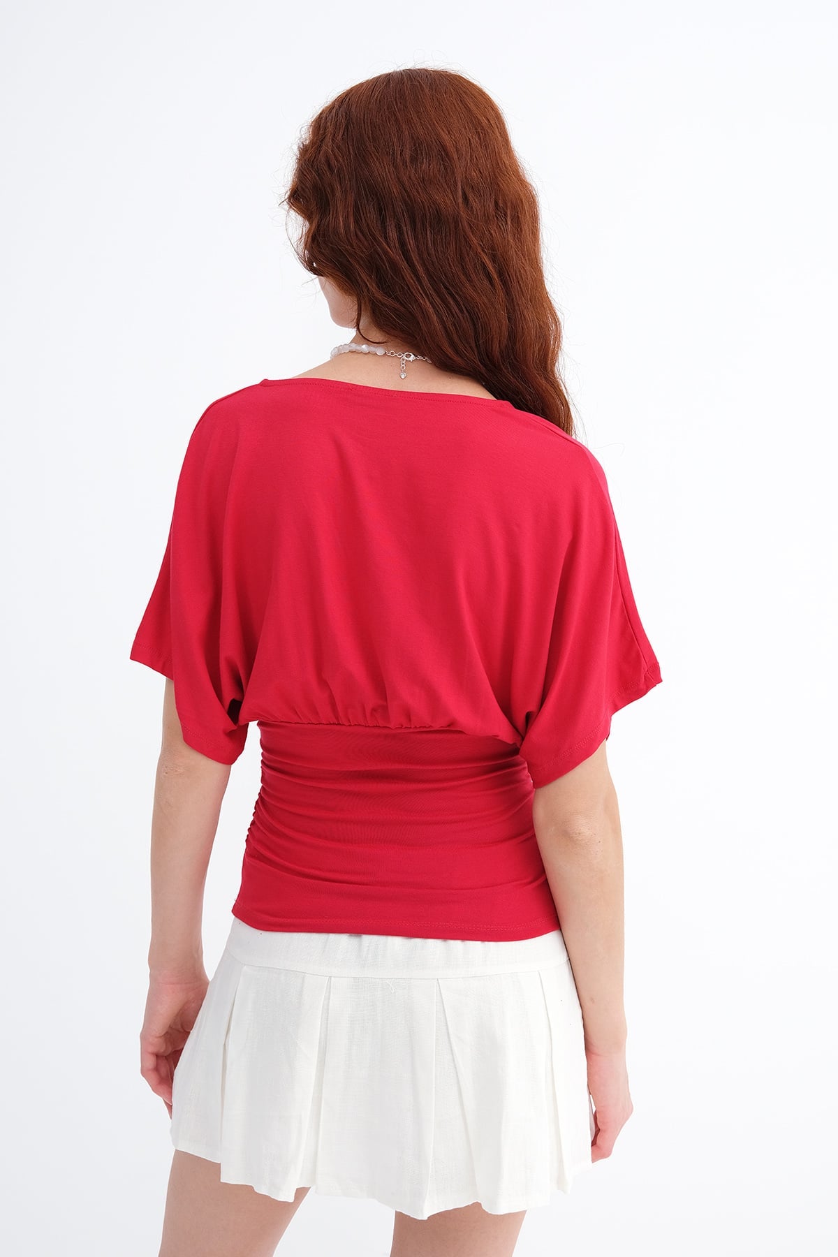 Bright-Red_V-Neck-Ruched-Blouse-addax