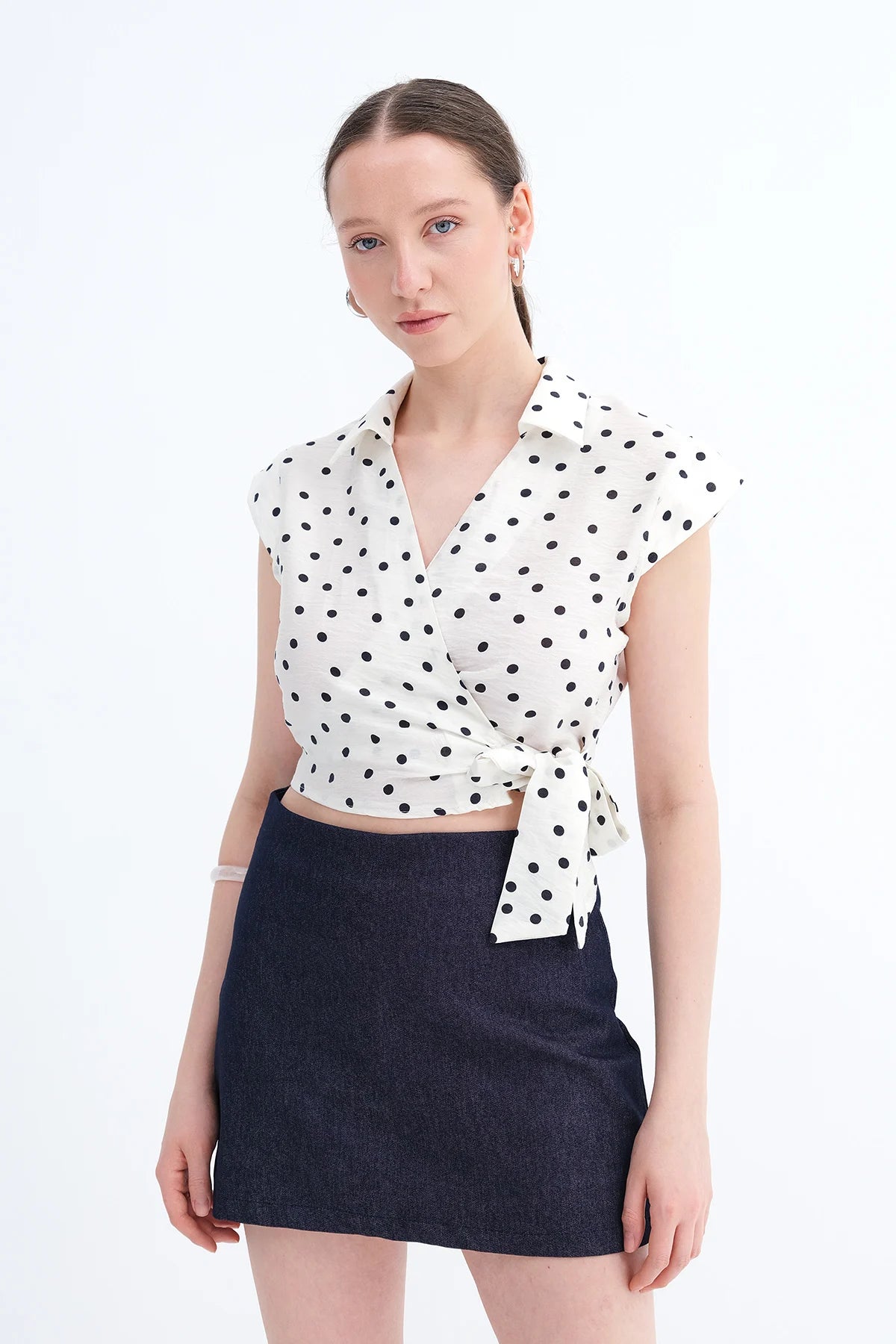 Ecru---Black_Polka-Dot-Shirt-with-Tie- Detail-addax