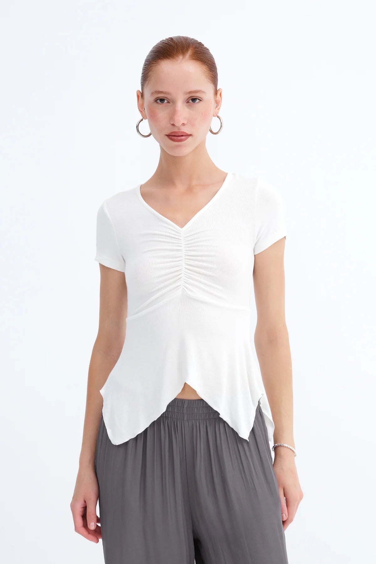 Ecru_Front-Gathered-V-neck-Blouse-addax