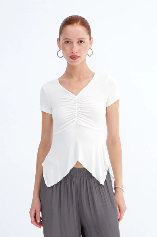 Ecru_Front-Gathered-V-neck-Blouse-addax