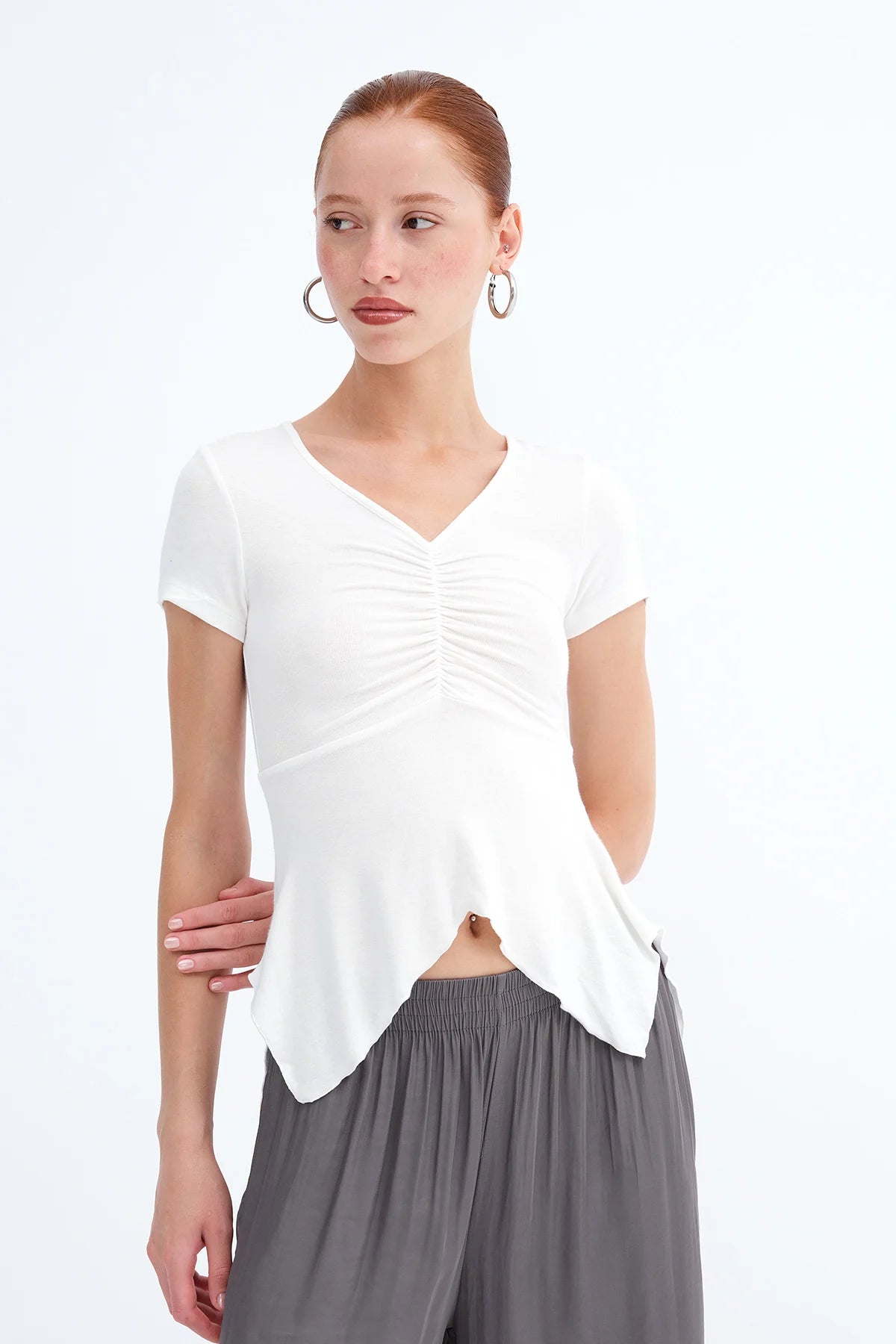 Ecru_Front-Gathered-V-neck-Blouse-addax