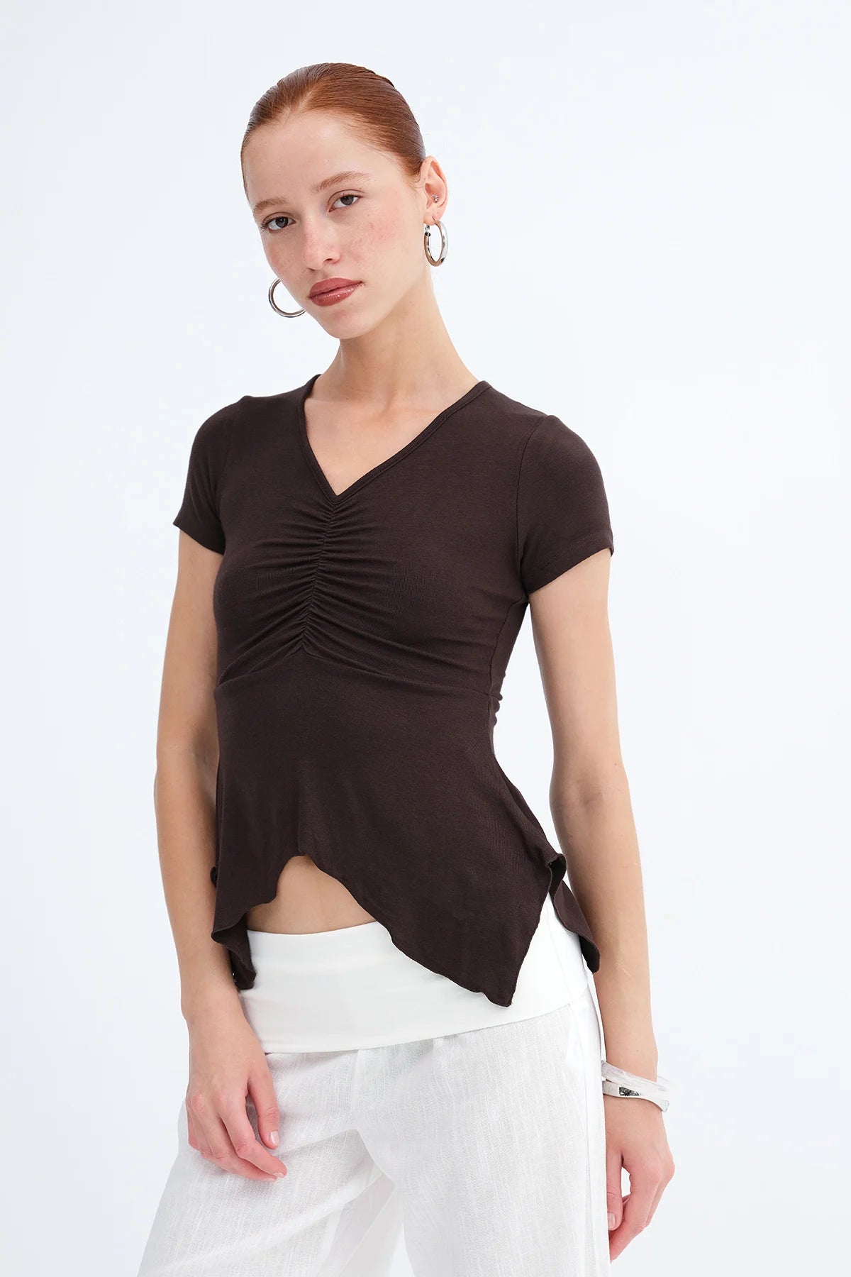 Bitter-Coffee_Front-Gathered-V-neck-Blouse-addax