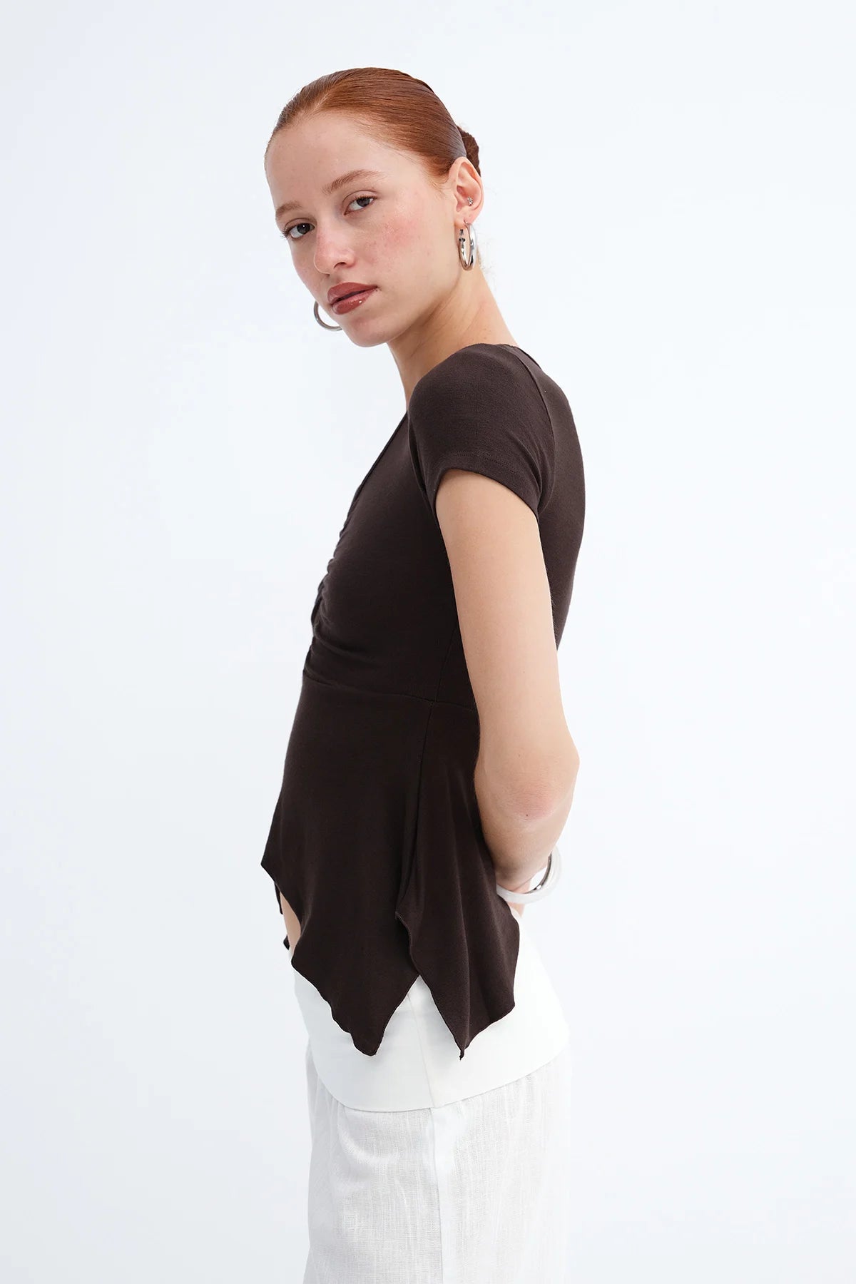 Bitter-Coffee_Front-Gathered-V-neck-Blouse-addax