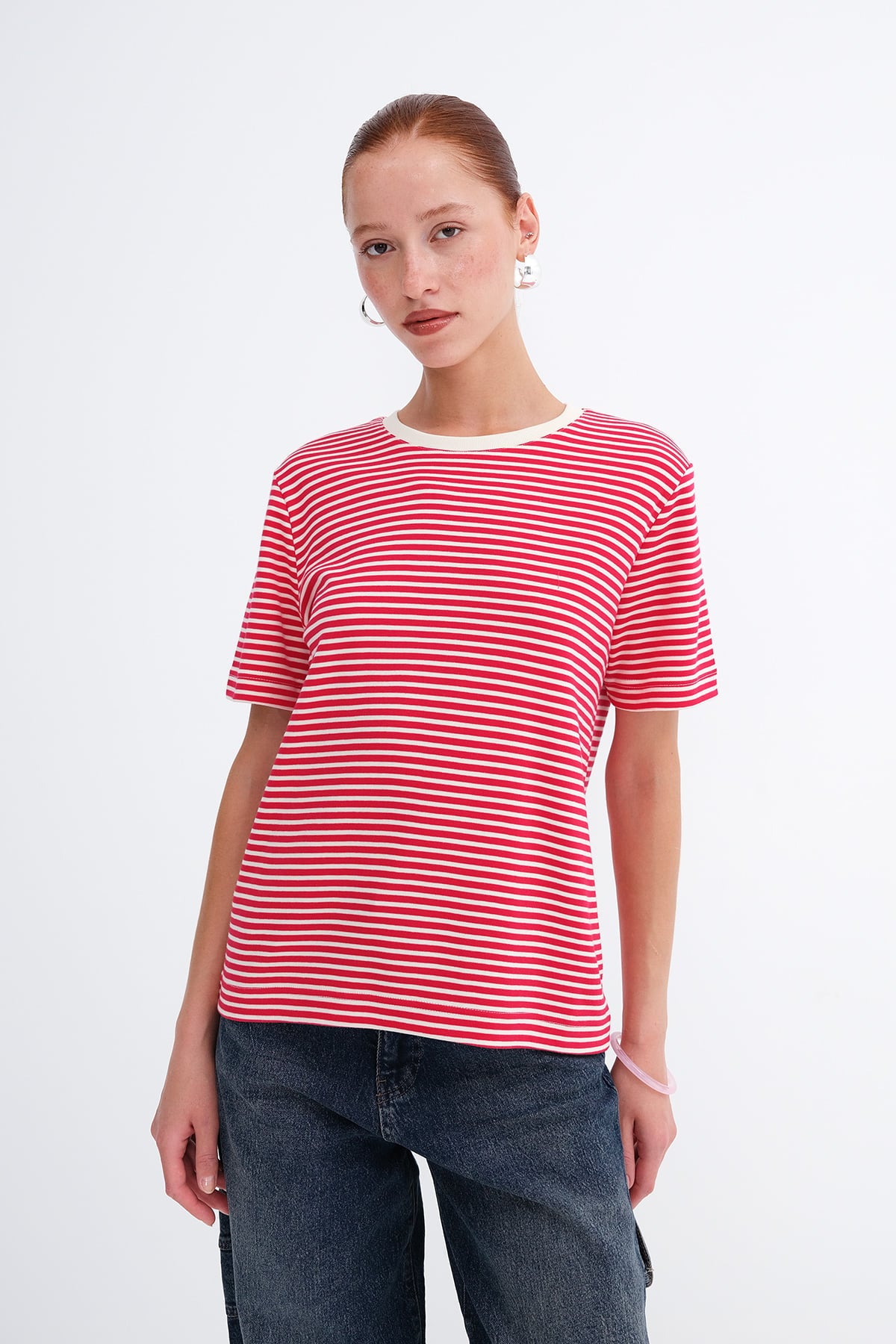 Red---Ecru_Striped-Short-Sleeve-T-Shirt-addax