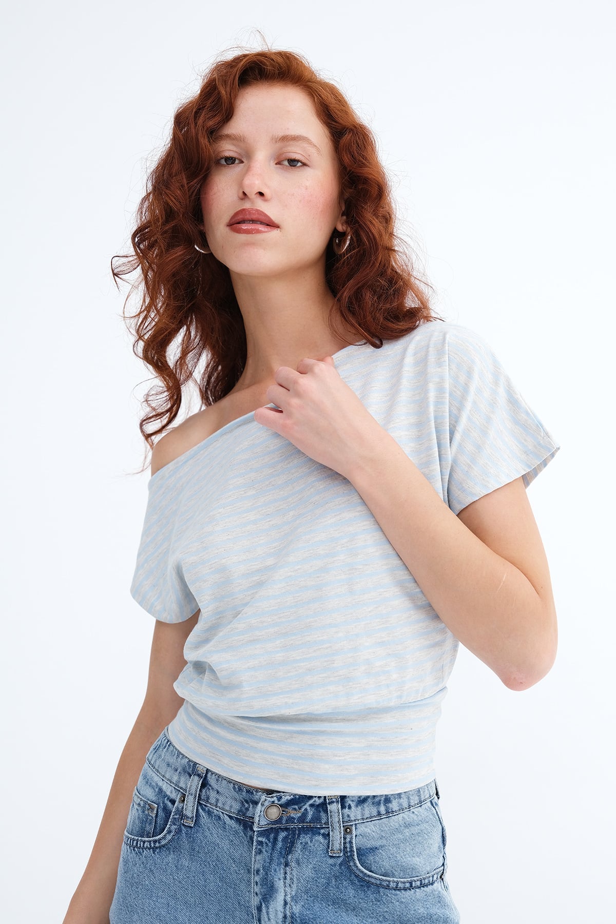 Blue---Grey_Striped-Elastic-Hem-T-Shirt-addax