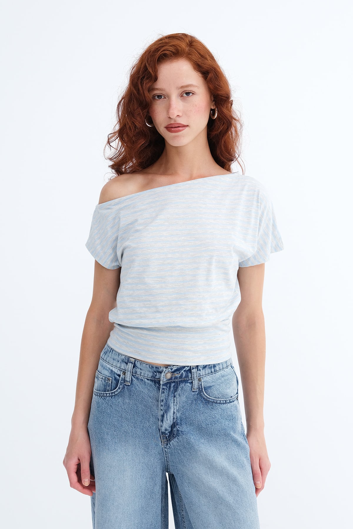 Blue---Grey_Striped-Elastic-Hem-T-Shirt-addax