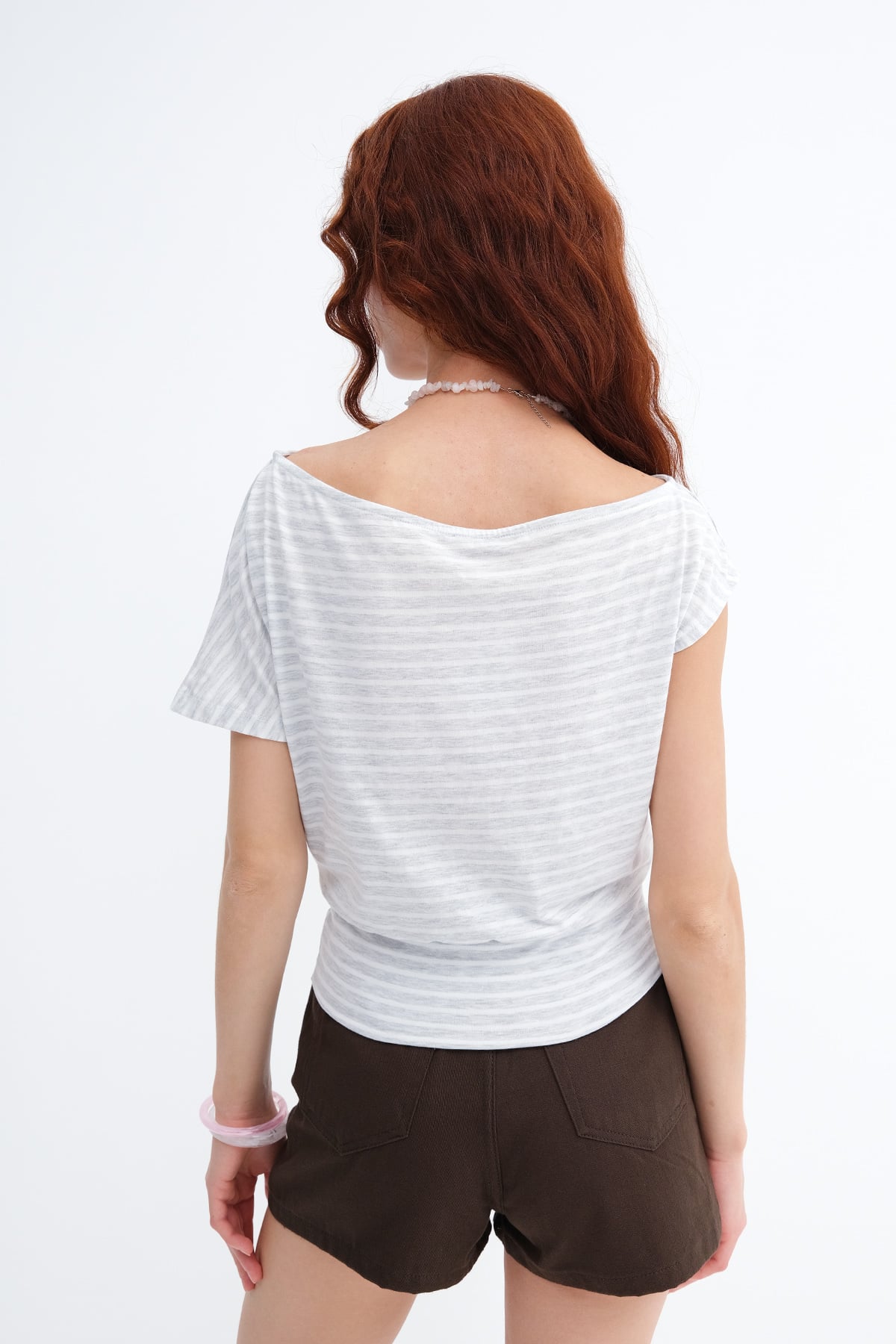 Snow-Melange-white_Striped-Elastic-Hem-T-Shirt-addax