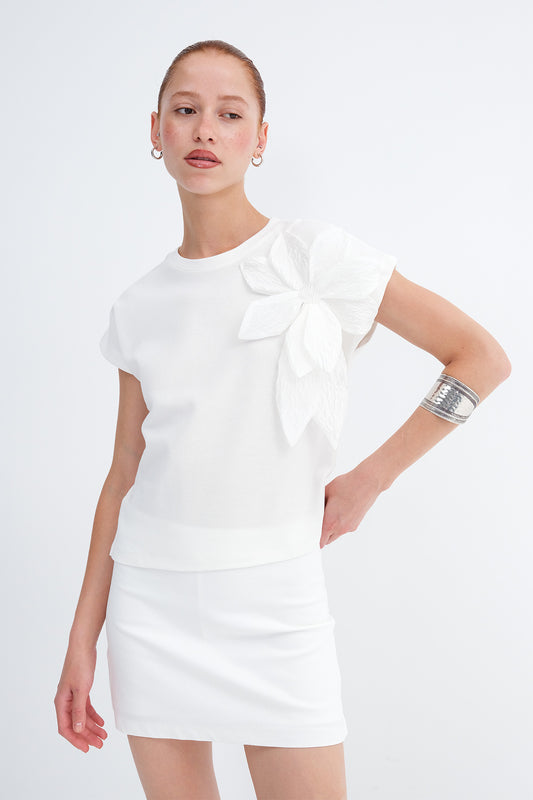 Ecru_Flower-Embellished-T-Shirt-addax