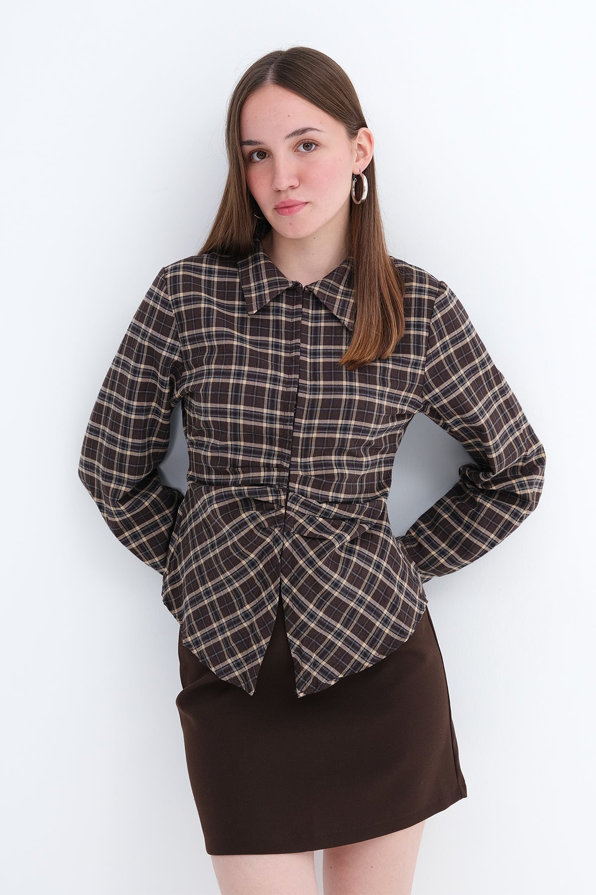Brown_Pleated-Detail-Checked-Shirt-addax