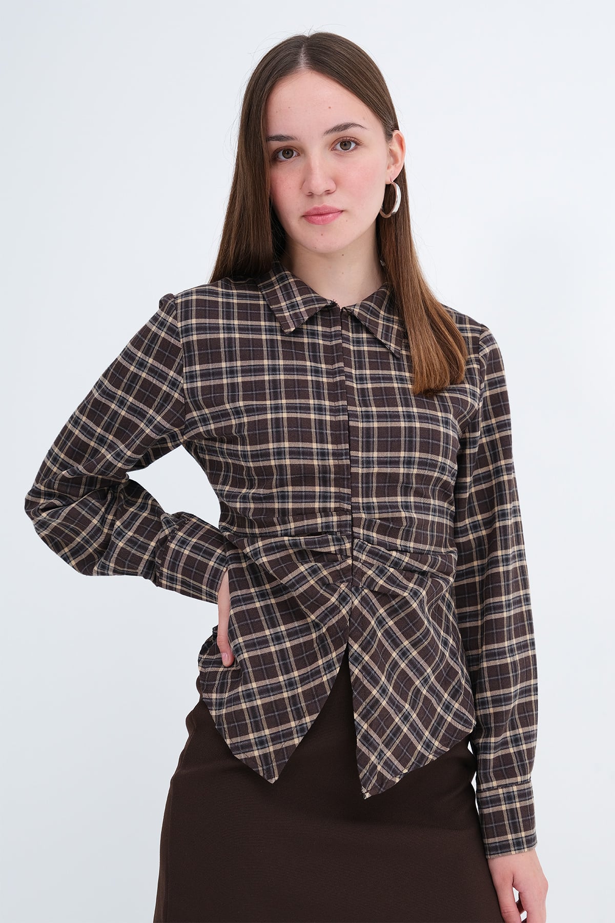 Brown_Pleated-Detail-Checked-Shirt-addax