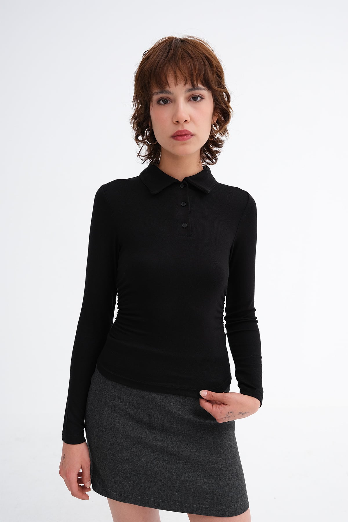 Black_Polo-Collar-Ruched-Blouse-addax