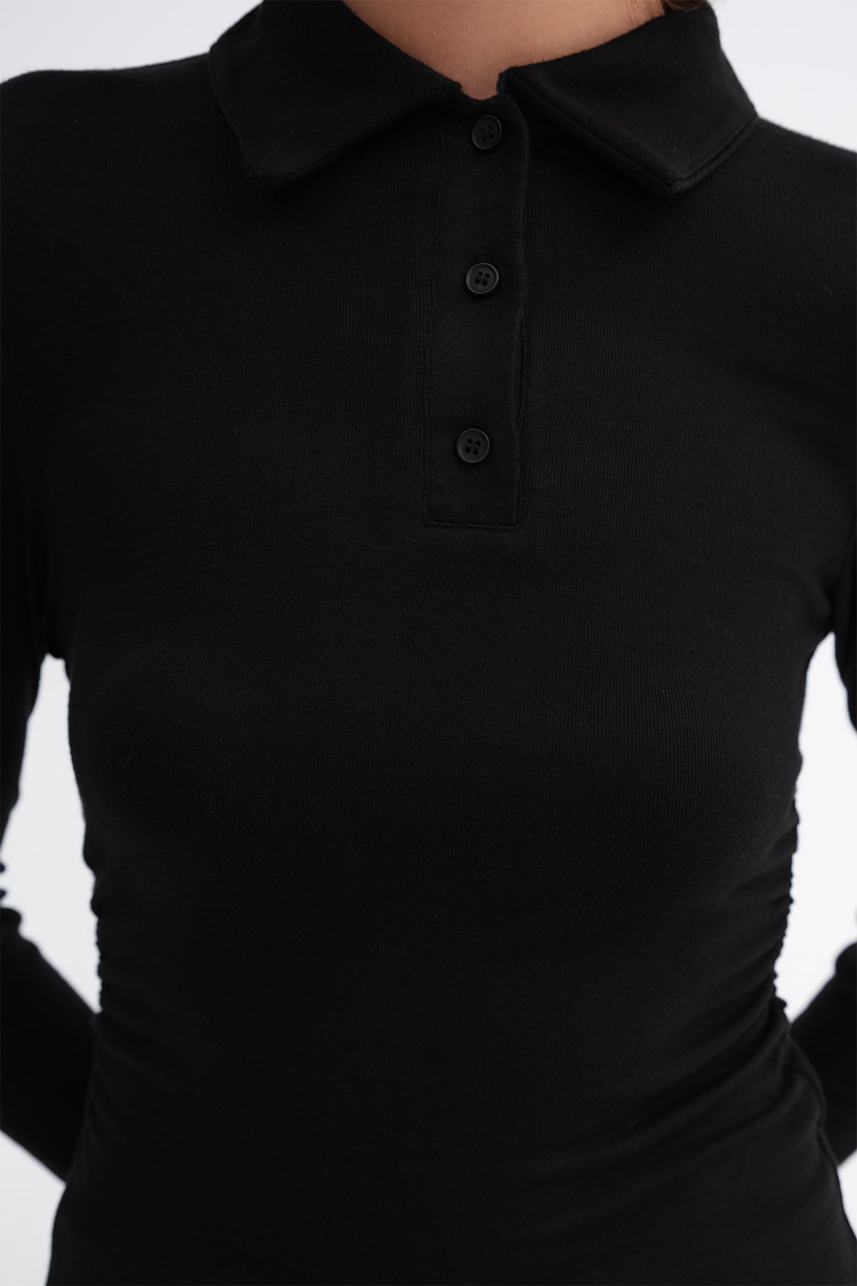 Black_Polo-Collar-Ruched-Blouse-addax