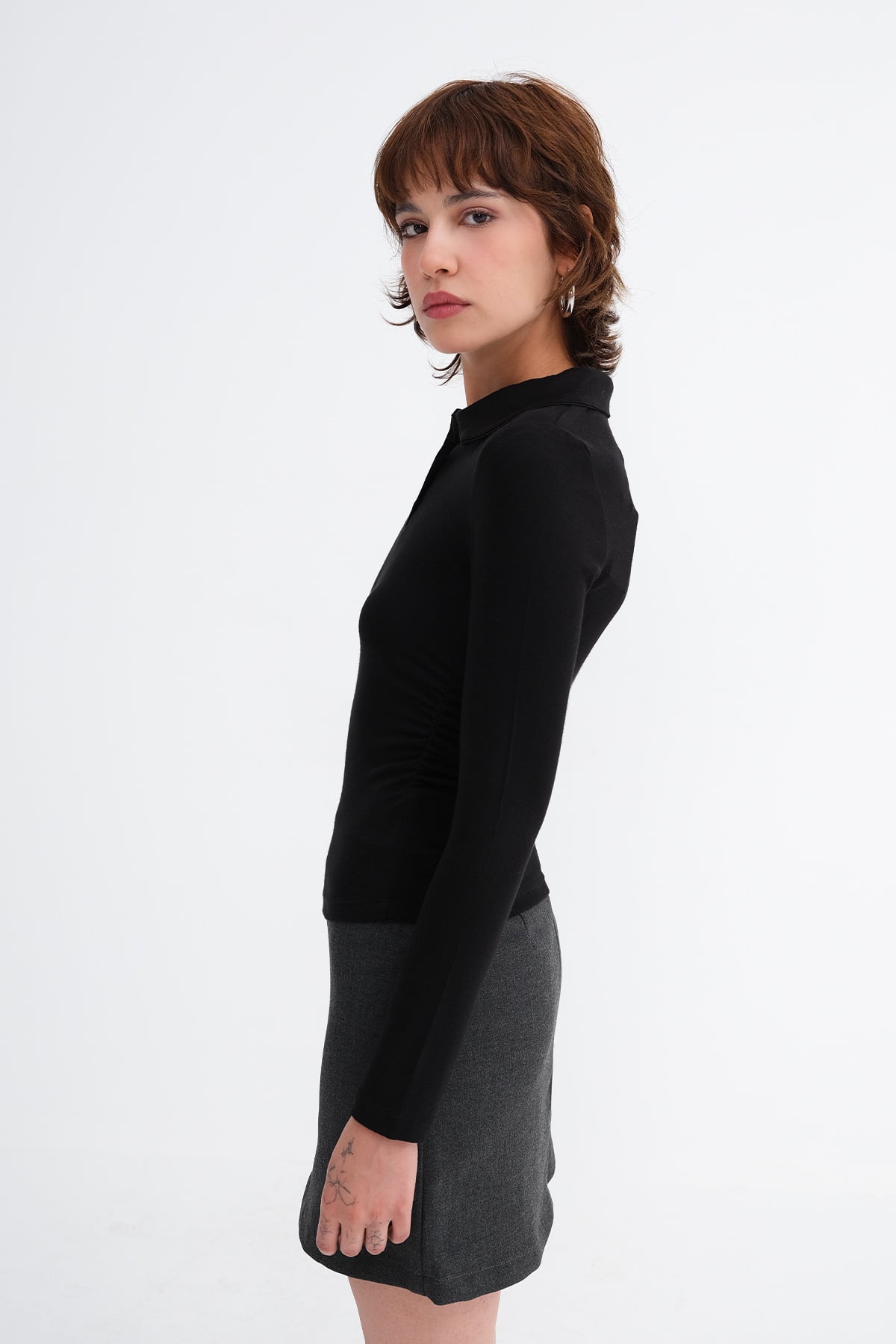 Black_Polo-Collar-Ruched-Blouse-addax