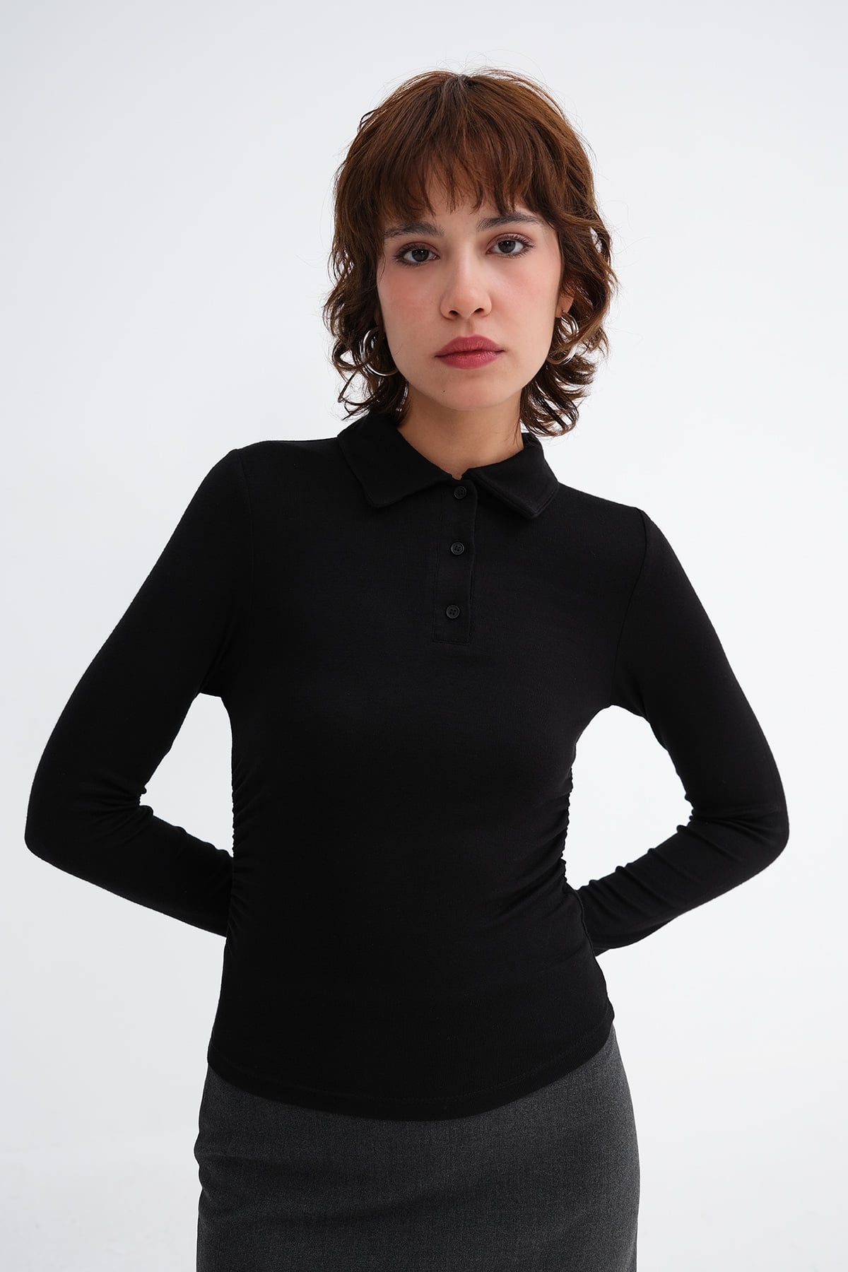 Black_Polo-Collar-Ruched-Blouse-addax