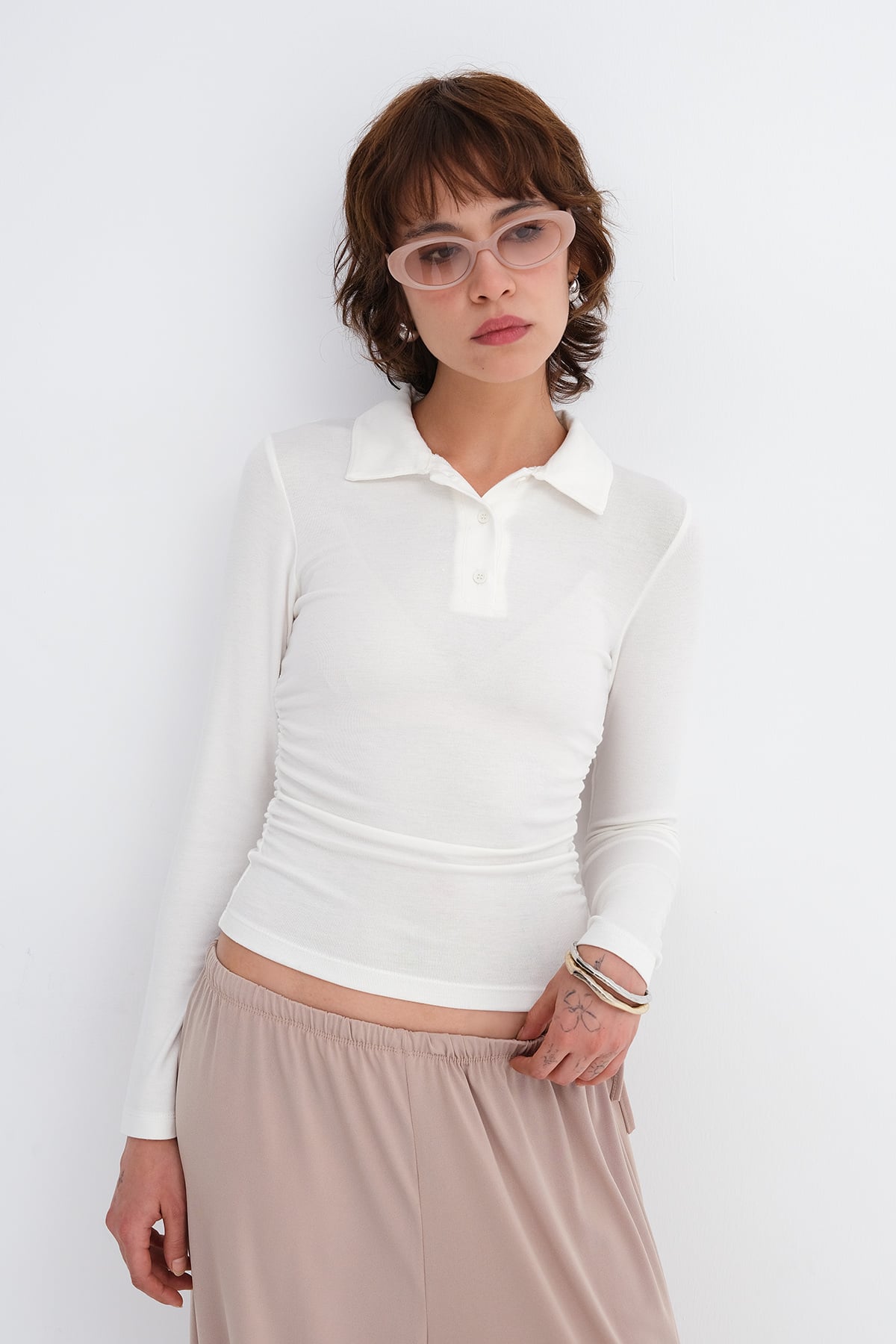 Ecru_Polo-Collar-Ruched-Blouse-addax