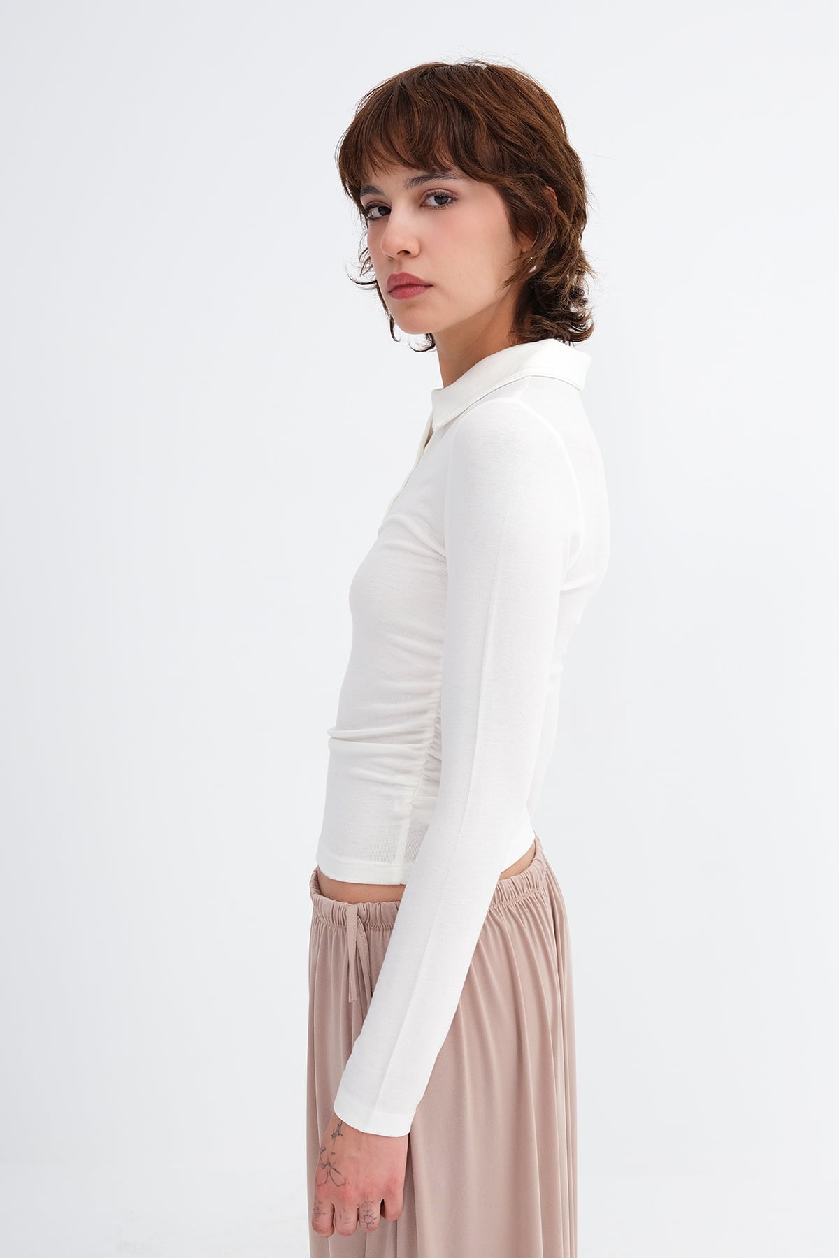 Ecru_Polo-Collar-Ruched-Blouse-addax