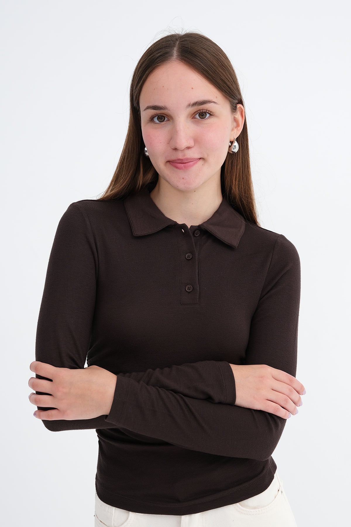 Bitter-Coffee_Polo-Collar-Ruched-Blouse-addax