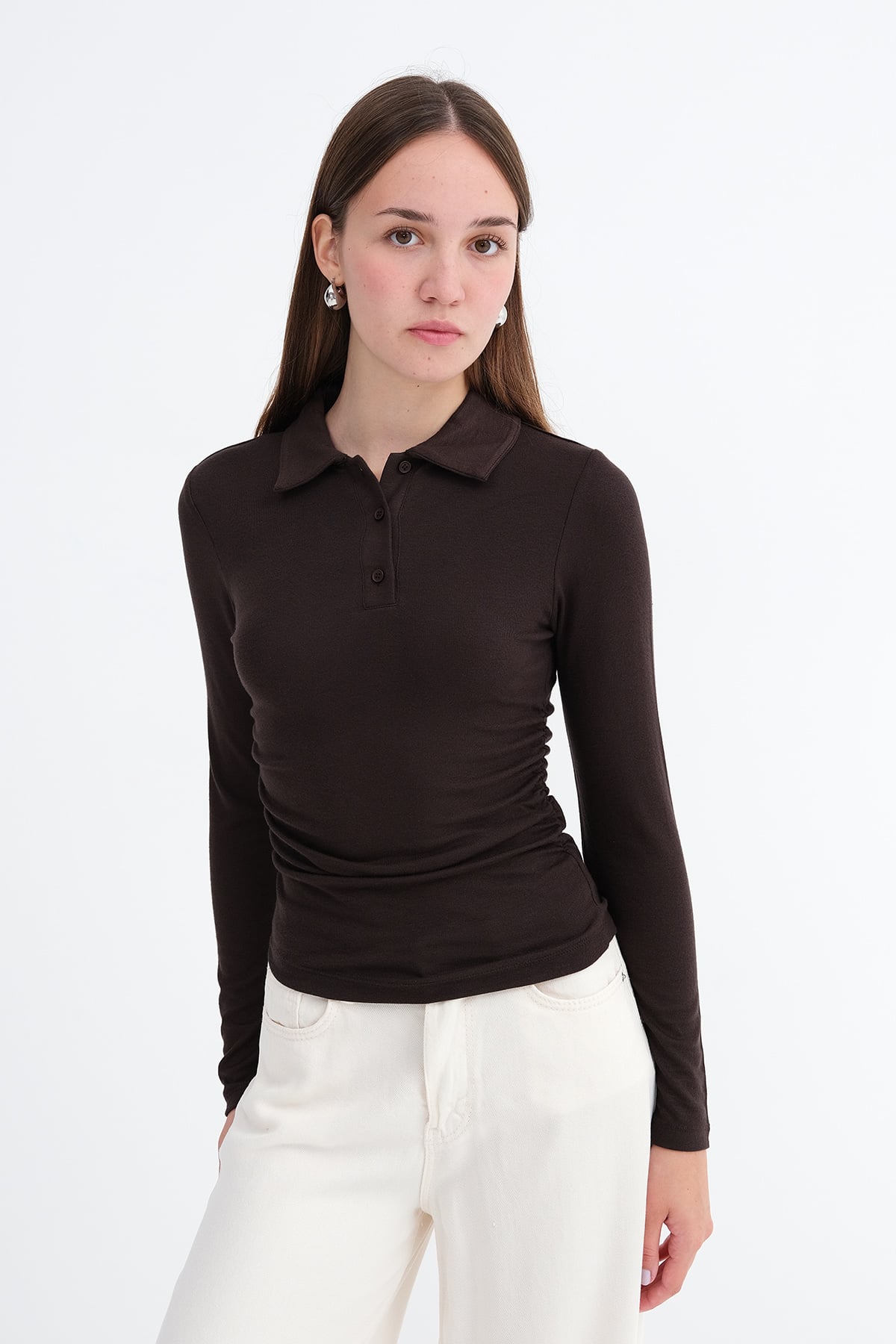 Bitter-Coffee_Polo-Collar-Ruched-Blouse-addax