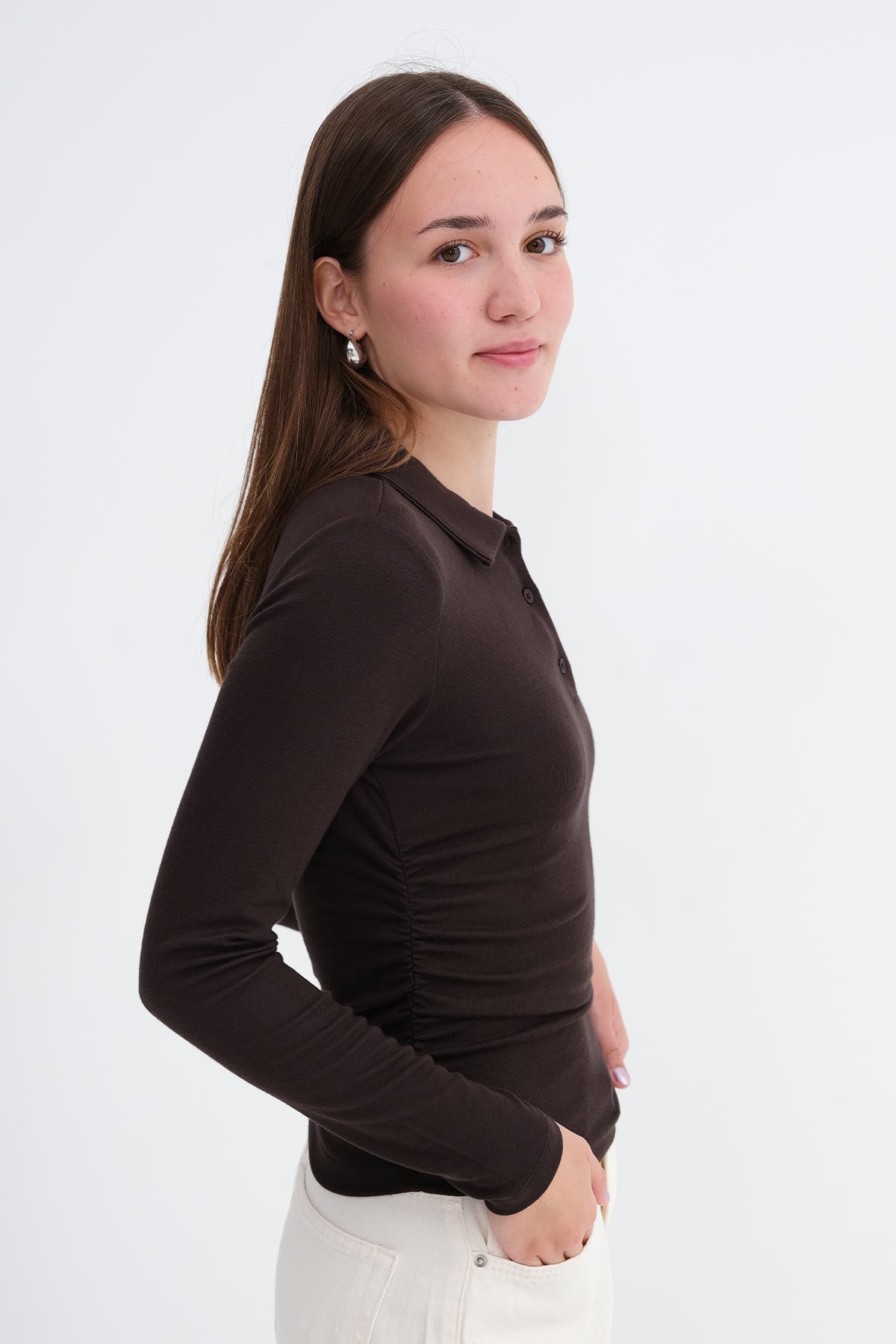 Bitter-Coffee_Polo-Collar-Ruched-Blouse-addax