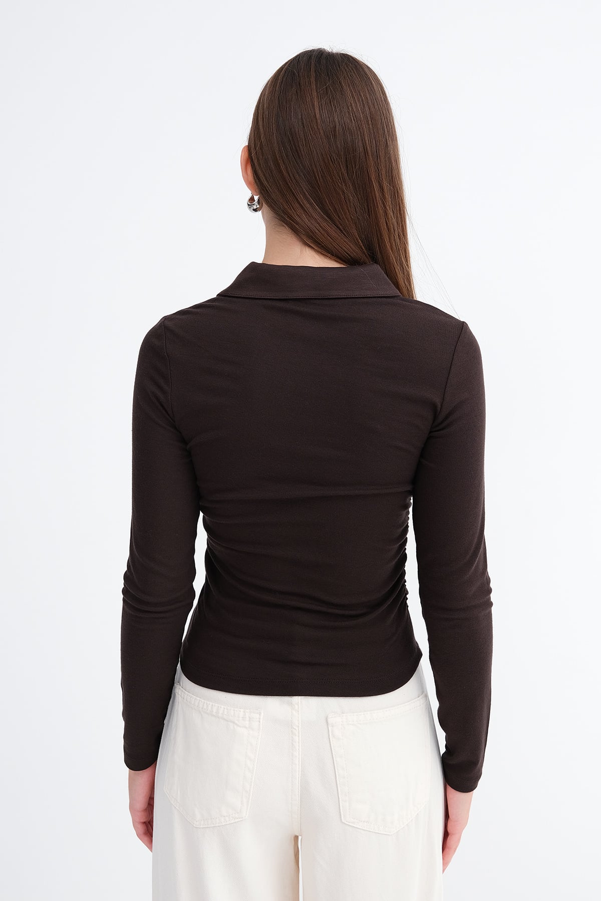 Bitter-Coffee_Polo-Collar-Ruched-Blouse-addax