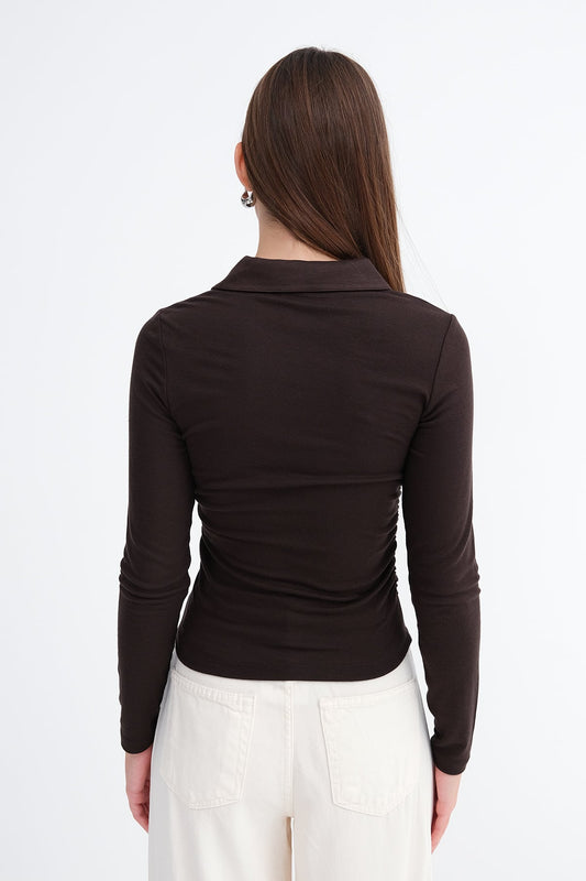 Bitter-Coffee_Polo-Collar-Ruched-Blouse-addax