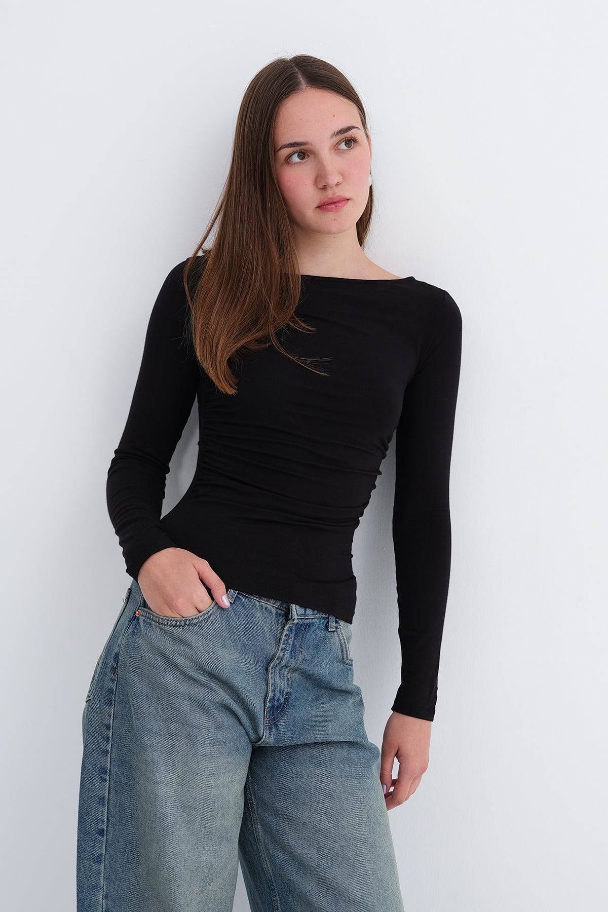 Black_Boat-Neck-Ruched-Blouse-addax