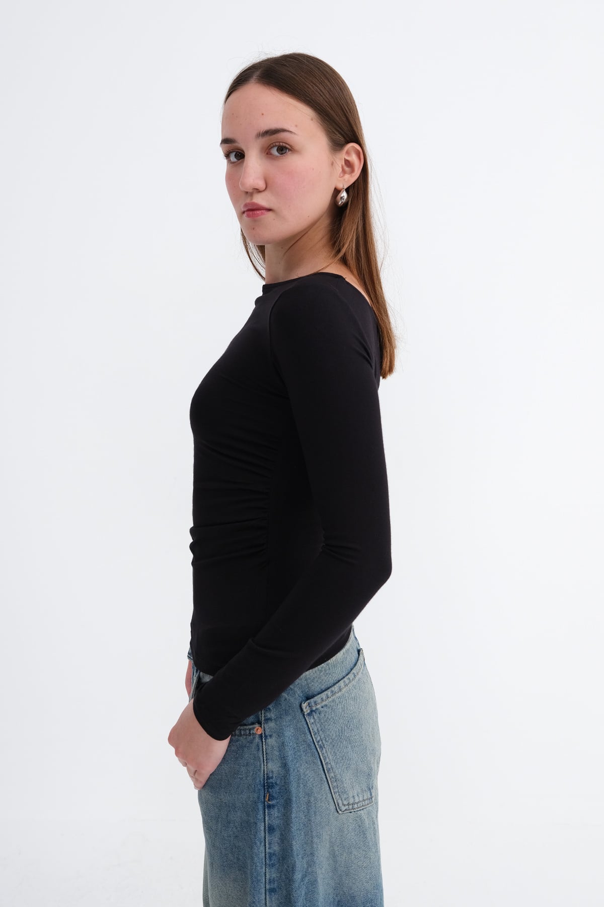 Black_Boat-Neck-Ruched-Blouse-addax
