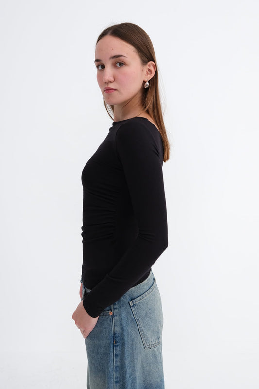 Black_Boat-Neck-Ruched-Blouse-addax