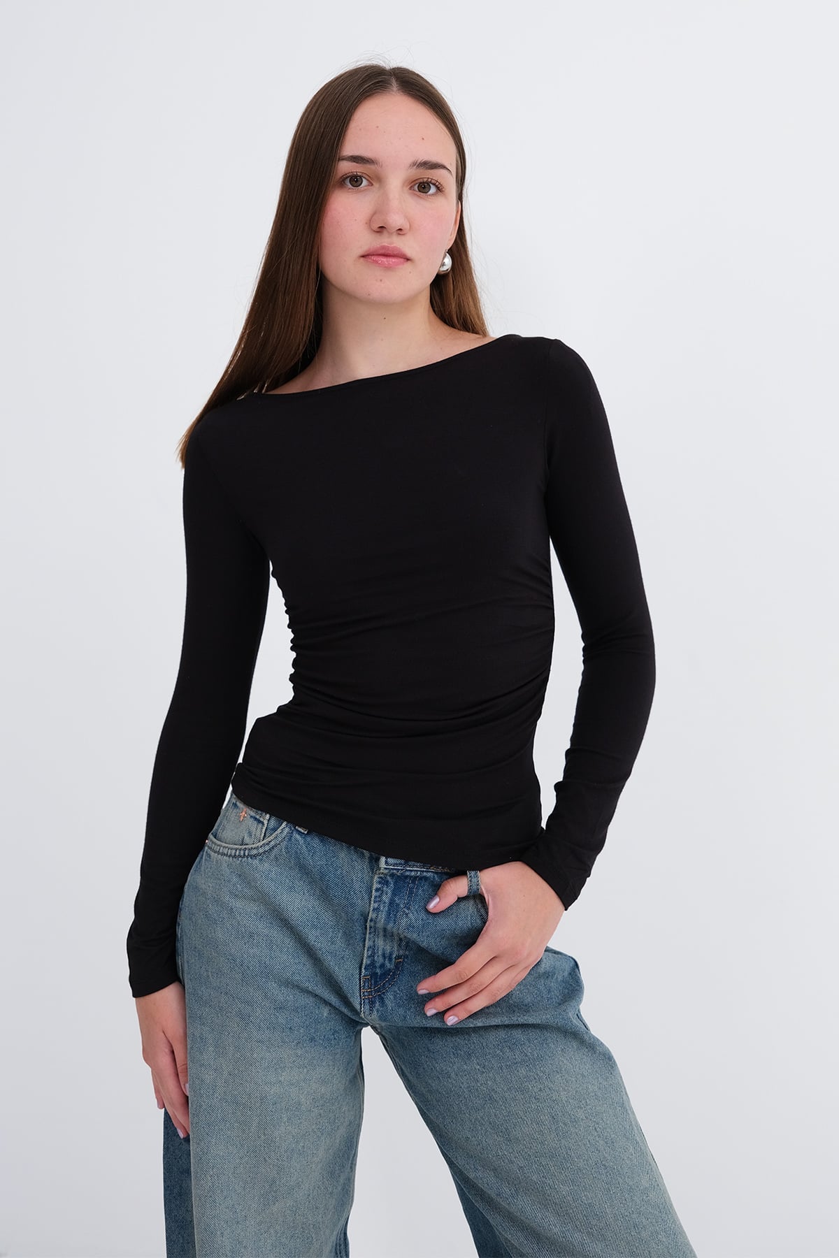 Black_Boat-Neck-Ruched-Blouse-addax