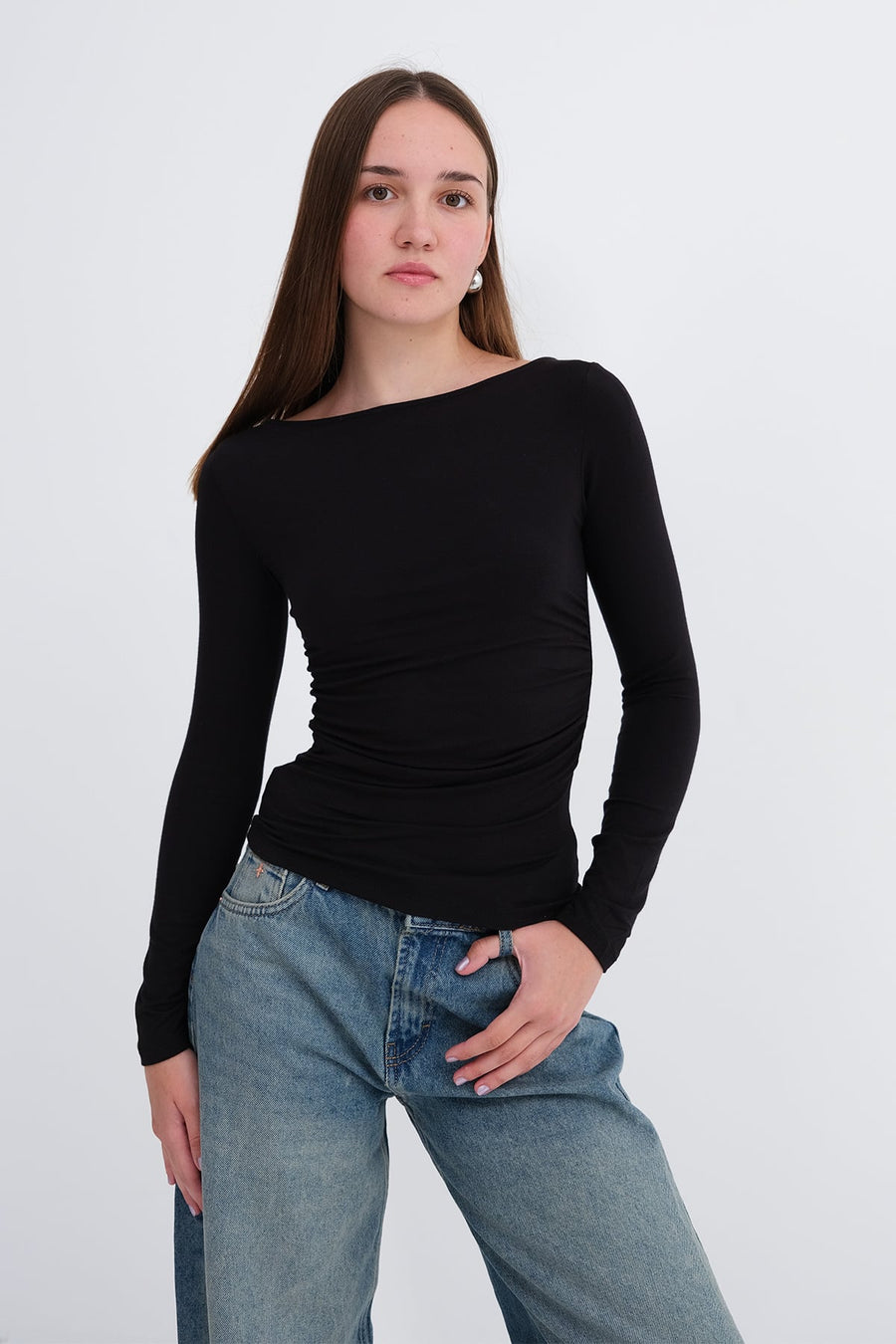 Black_Boat-Neck-Ruched-Blouse-addax
