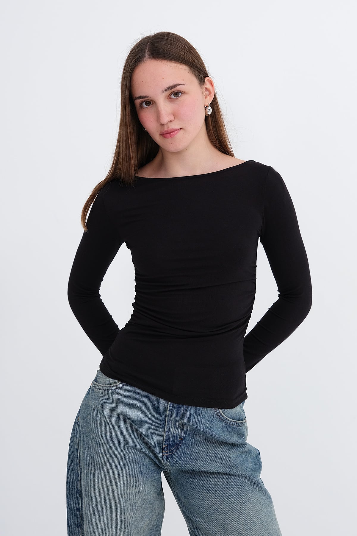 Black_Boat-Neck-Ruched-Blouse-addax