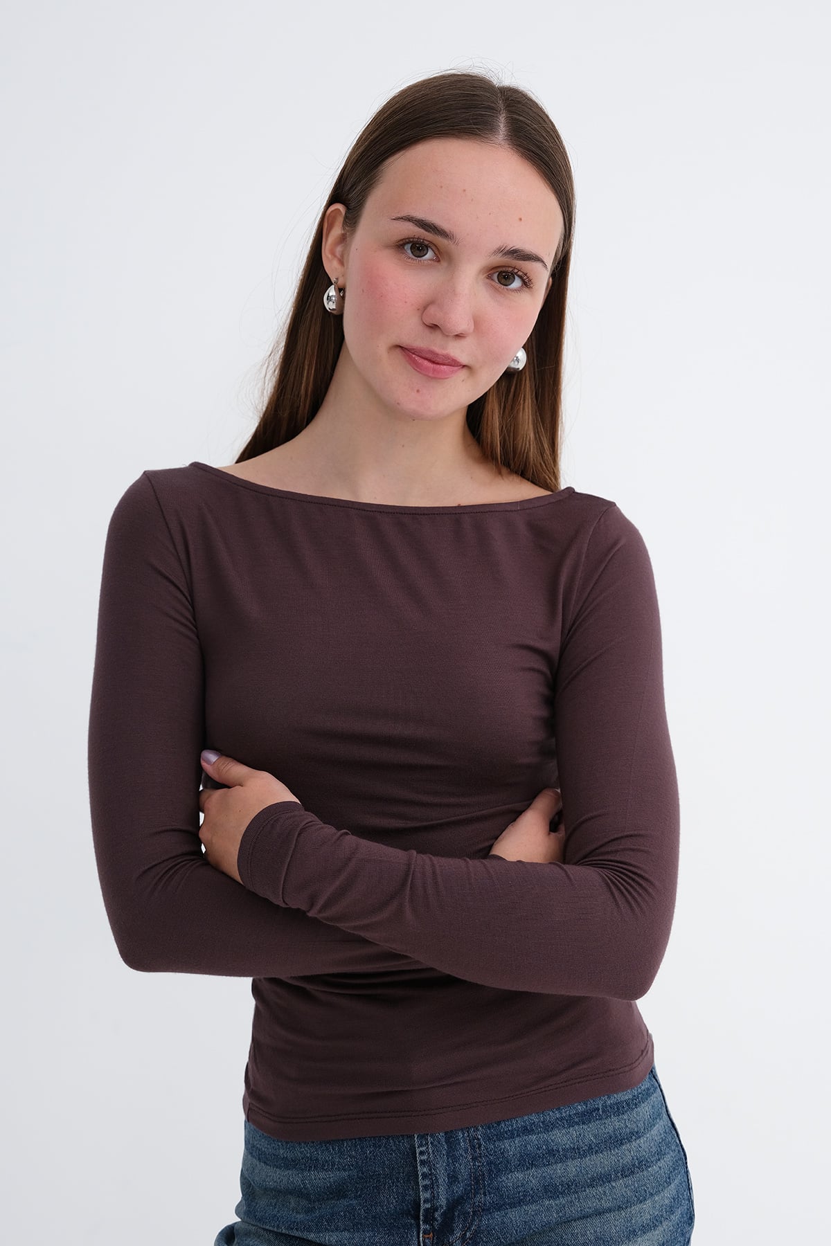 Brown_Boat-Neck-Ruched-Blouse-addax
