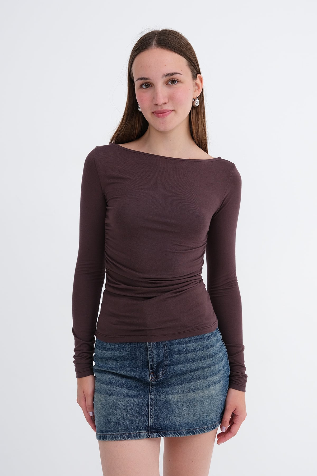 Brown_Boat-Neck-Ruched-Blouse-addax