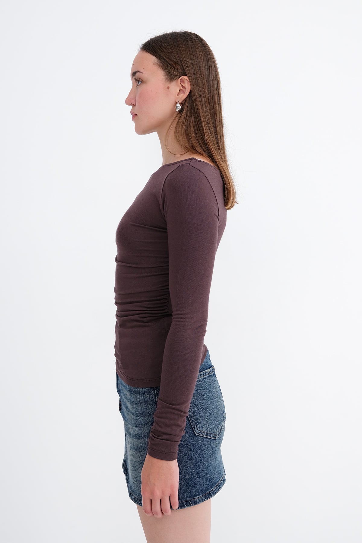 Brown_Boat-Neck-Ruched-Blouse-addax