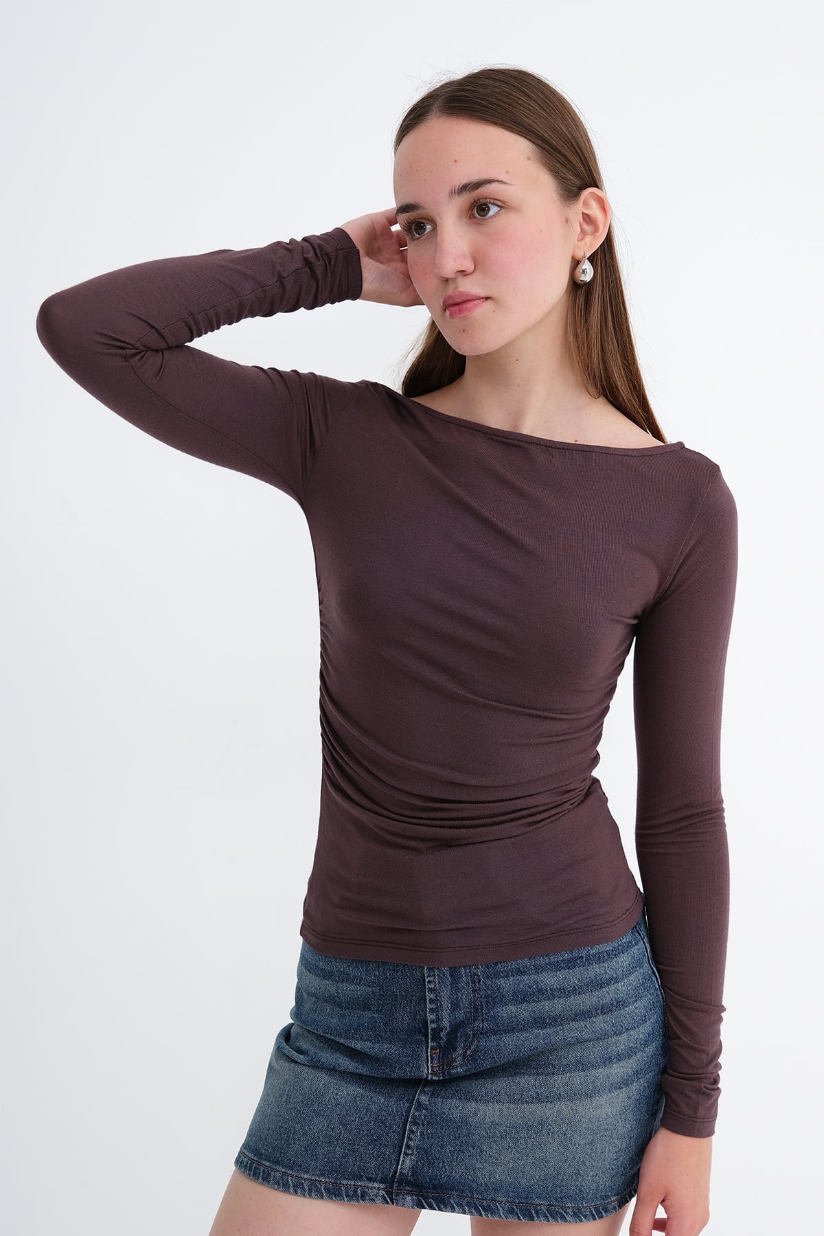 Brown_Boat-Neck-Ruched-Blouse-addax