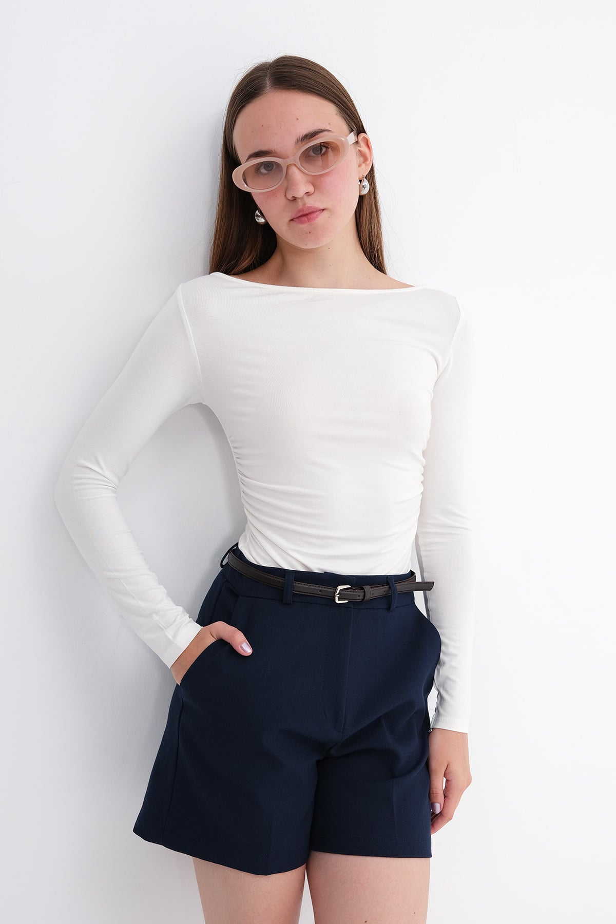 Ecru_Boat-Neck-Ruched-Blouse-addax