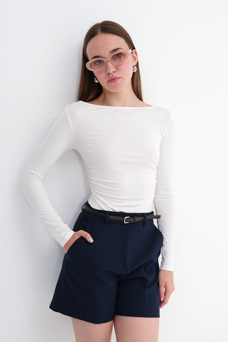 Ecru_Boat-Neck-Ruched-Blouse-addax