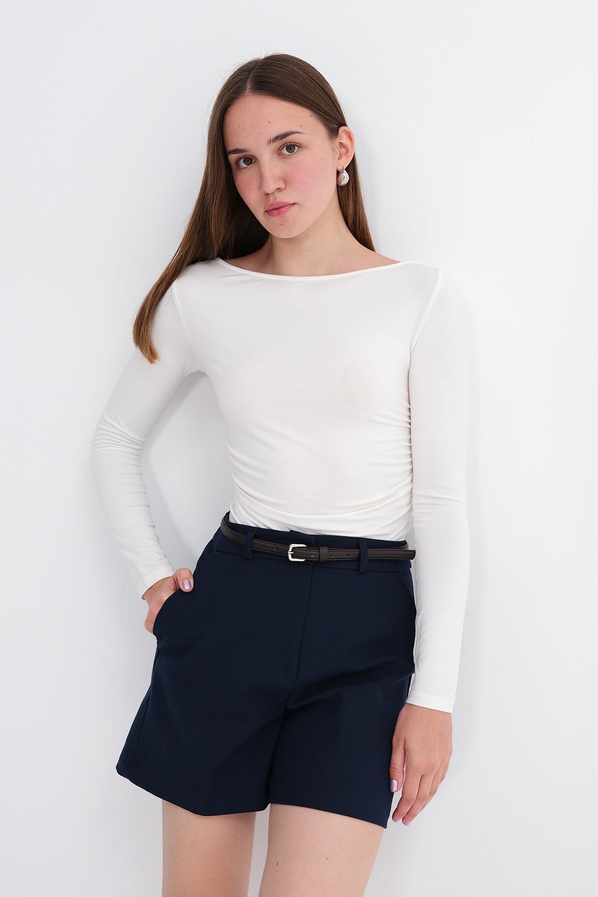 Ecru_Boat-Neck-Ruched-Blouse-addax