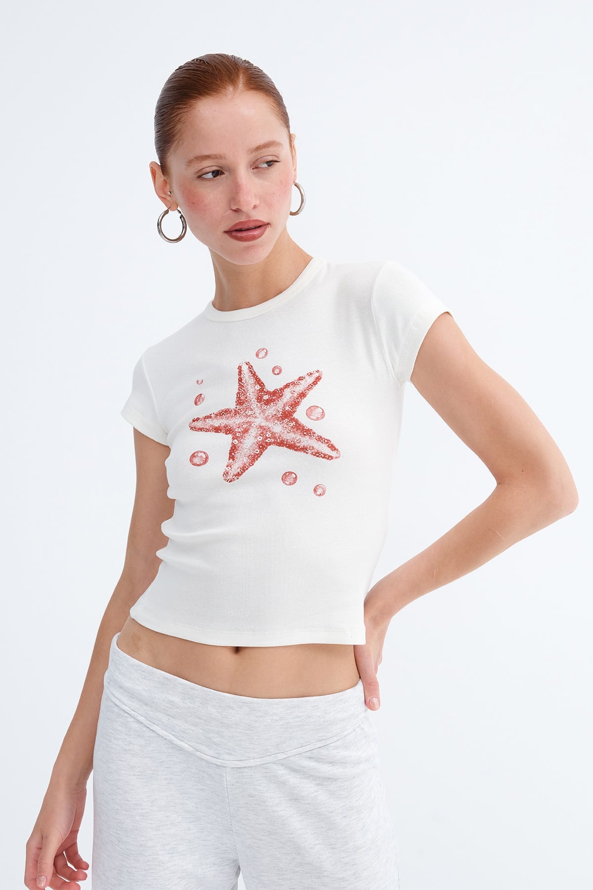 Ecru_Starfish-Print-Stone-Embellished-T-Shirt-addax