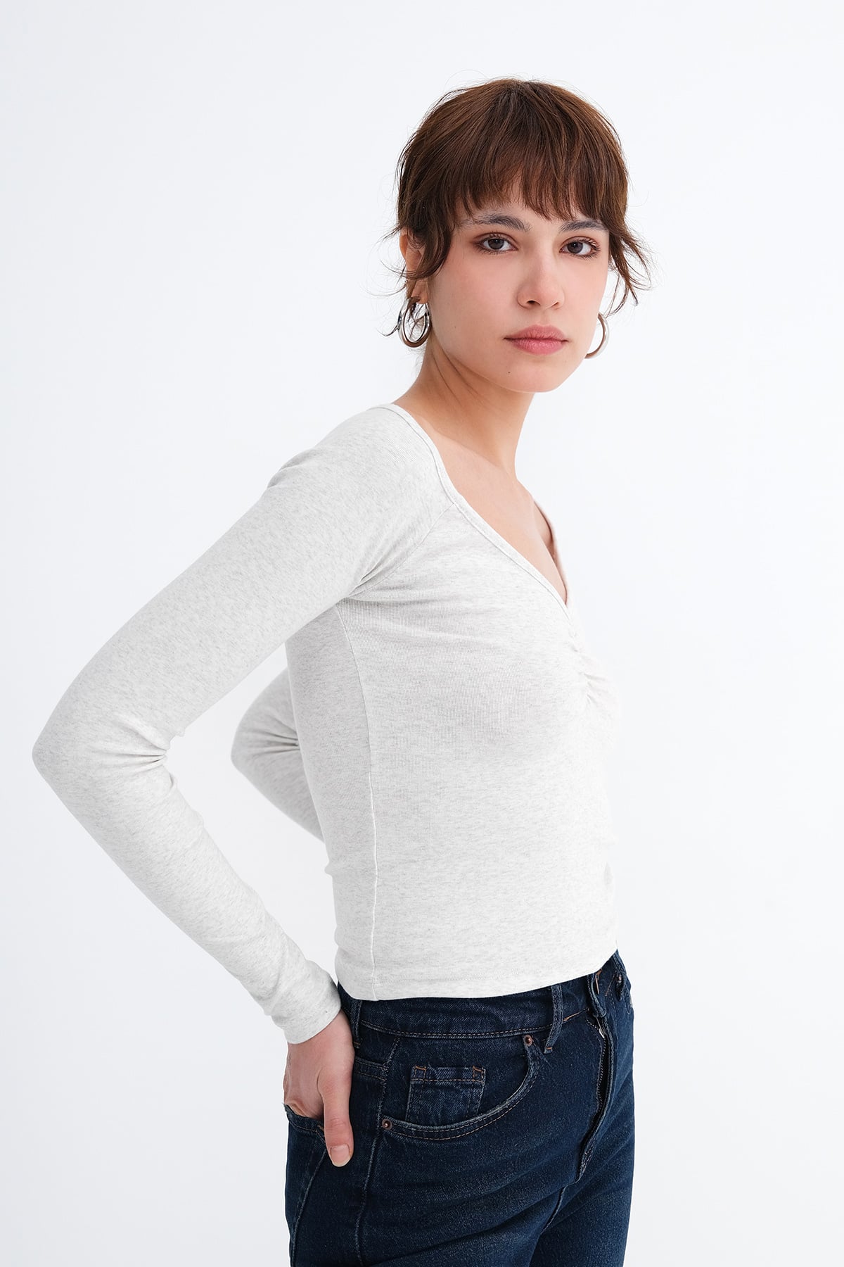 Snow-Melange_V-Neck-Blouse-addax