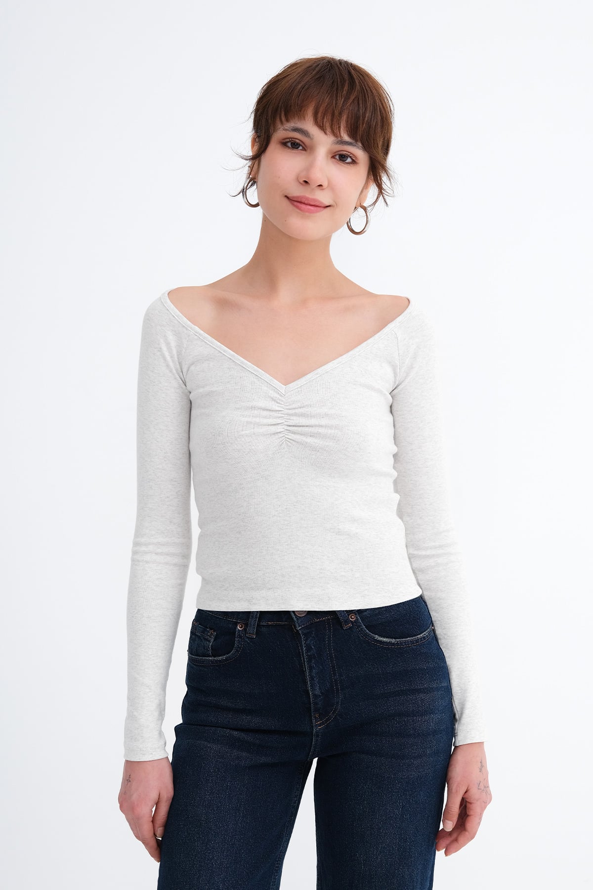 Snow-Melange_V-Neck-Blouse-addax