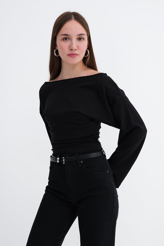 Black_Boat-Neck-Ruched-Blouse-addax