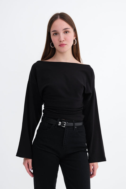 Black_Boat-Neck-Ruched-Blouse-addax