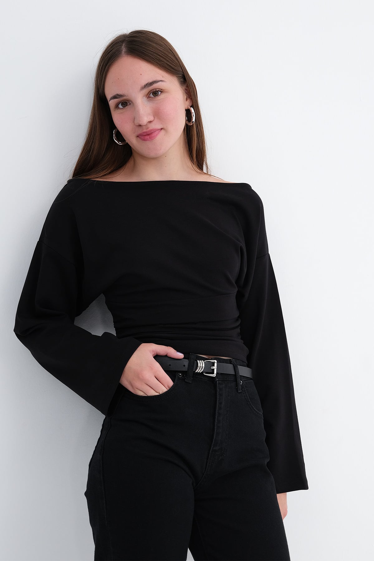 Black_Boat-Neck-Ruched-Blouse-addax