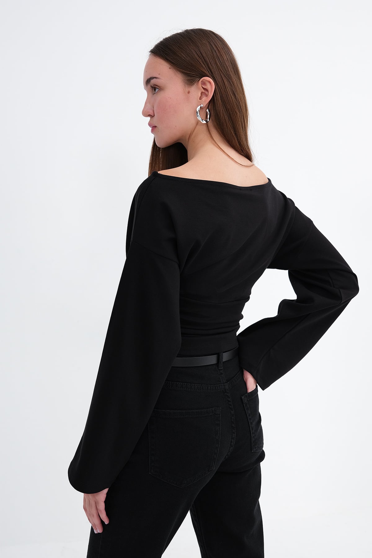 Black_Boat-Neck-Ruched-Blouse-addax